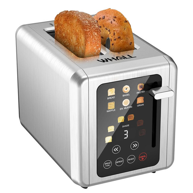 WHALL 2 Slice Smart Toaster - Stainless Steel with TouchScreen & Wide Slots, Perfect for Bagel, Reheat, Defrost, Ideal for Home & Kitchen, Mattesilver