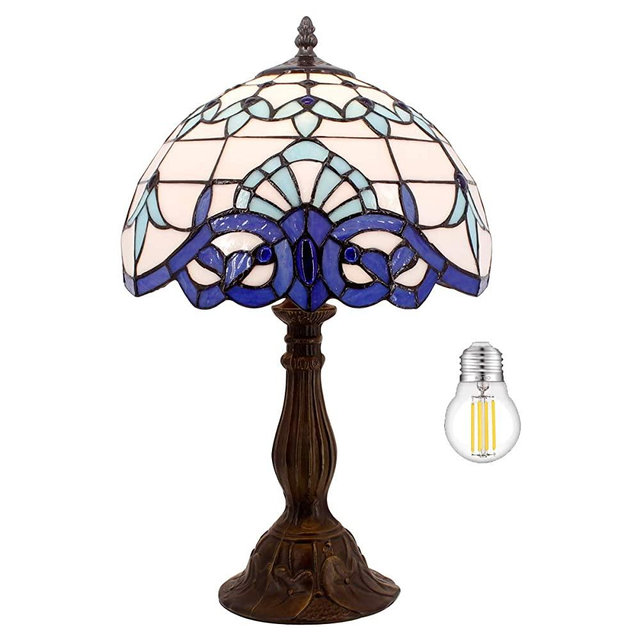 Tiffany Table Lamp Bedside Navy Blue Baroque Stained Glass Style Desk Reading Light 18" Inch Tall Living Bedroom Vintage Memory Sympathy Library Banker Boho Victorian Type WERFACTORY LED Bulb Included