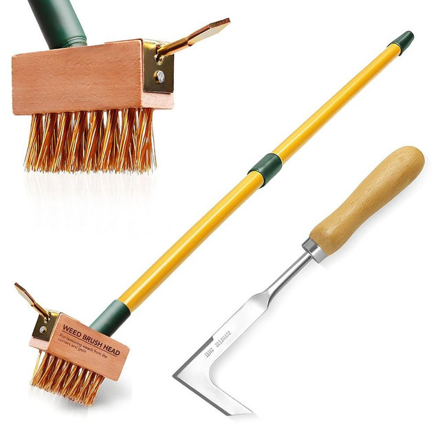 XSSIVE Extendable Weed Brush Telescopic Gardening Tool with Angled Wire Bristles, Spare Heads, and Weeder Scraper for Clearing Weeds, Moss, and Algae from Patios, Driveways, and Block Paving