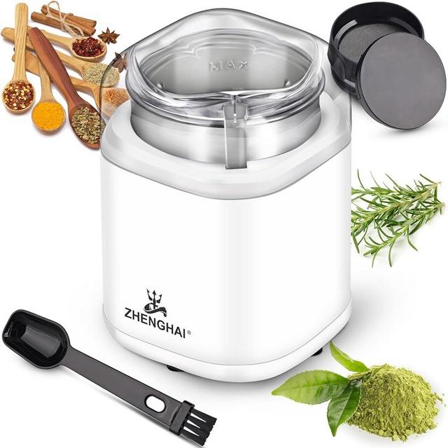 ZHENGHAI Electric Herb Grinder 200w Spice Grinder Compact Size, Easy On/Off, Fast Grinding for Flower Buds Dry Spices Herbs, with Pollen Catcher and Cleaning Brush 1.7oz Capacity (White)