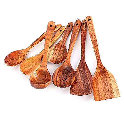  Long Spoons Wooden, 5 Pieces Korean Style 10.9 inches 100%  Natural Wood Long Handle Round Spoons for Soup Cooking Mixing Stirrer Kitchen  Tools Utensils, FDA Approved(Korean Style Soup Spoon): Home 