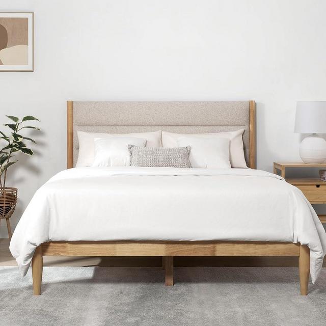 KISLOT Wood Bed Frame with Headboard Upholstered Platform Mattress Foundation,Strong Wooden Slat Support,No Box Spring Needed