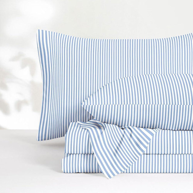 Wake In Cloud - Striped Bed Sheets, 4-Piece Sheet Set, Ticking Vertical Pin Stripe Modern Farmhouse Pattern Printed Bedding, Deep Pocket, Blue White, Queen Size