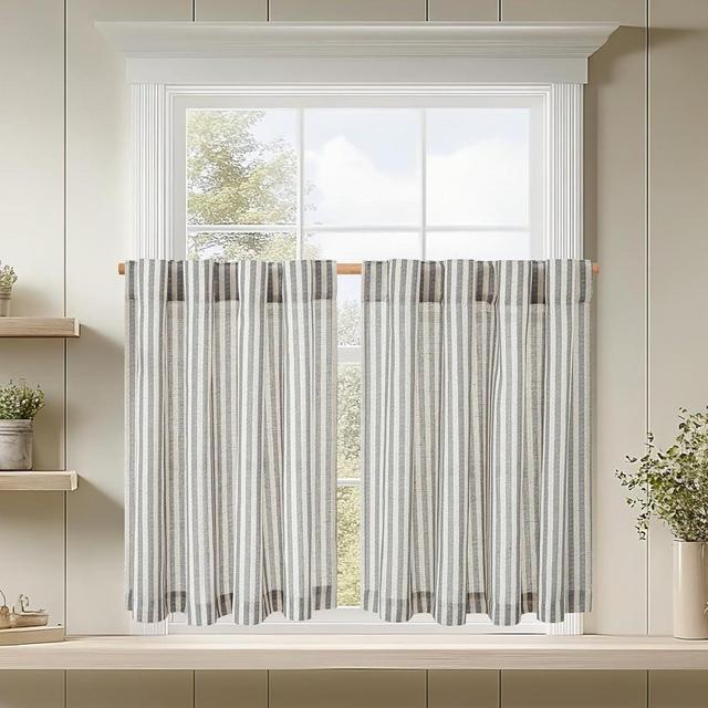 jinchan Linen Kitchen Striped Tier Curtains Ticking Stripe Farmhouse Pinstripe Cafe 54 Inch for Living Room Bathroom Small Window Curtains Light Filtering 2 Panels Black