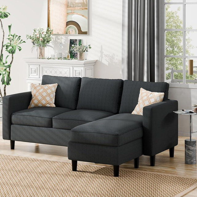 Nuturelly Convertible Sectional Sofa Couch with Movable Ottoman, 3-Seater Modern L-Shaped Sofa for Small Spaces, Soft Fabric Couch for Living Room, Small Apartment & Office(Dark Gray)