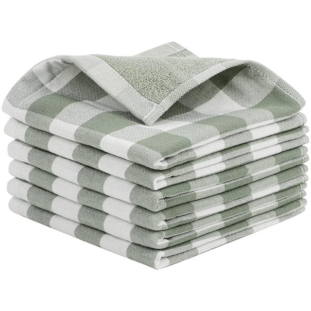 PiccoCasa 100% Cotton Dishcloths Set of 6, 13 x 13 Inch, Soft Absorbent Drying Kitchen Washcloths, Buffalo Plaid Gingham with Hang Loop - Green