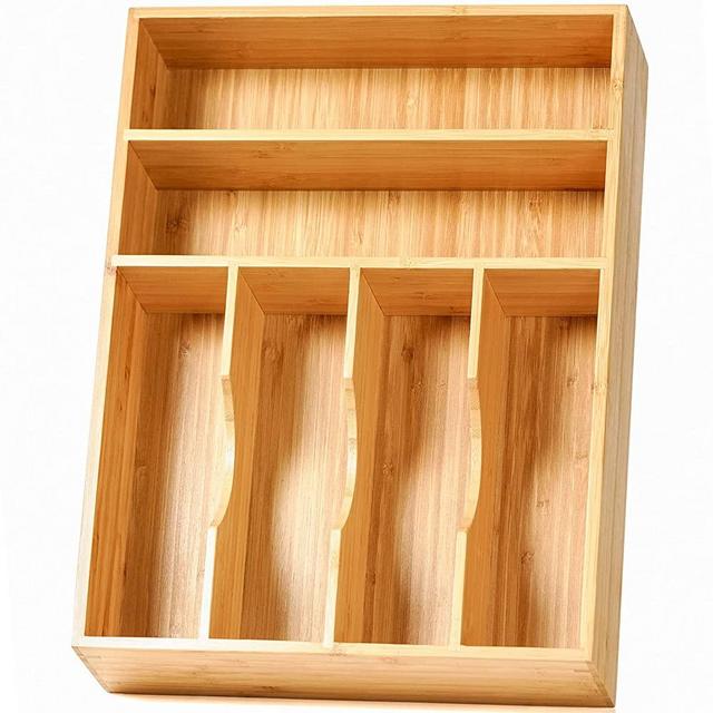 Kitchen Drawer Organizer, 12 Inch Silverware Utensil Tray Holder, Extra Deep, with Non-Slip Feet & Grooved Drawer Divider, 6 Slots Total Bamboo Wood Caddy for Flatware Cutlery Knives, Forks, Spoons