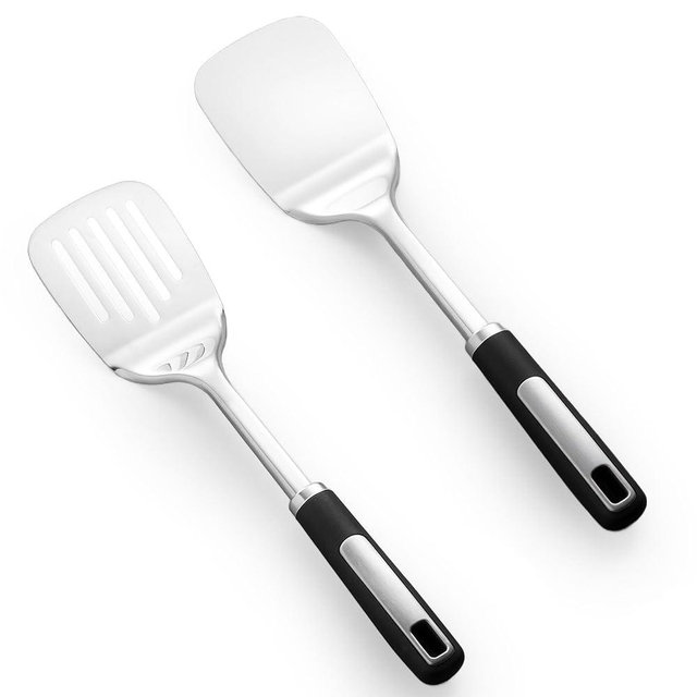 Stainless Steel Spatula Set, 2 Piece Heavy Duty Metal Turner Set, Thickened Solid & Slotted Spatula for Cooking, Heat Resistant Kitchen Utensils for Frying Fish, Eggs, Steak or Pancakes