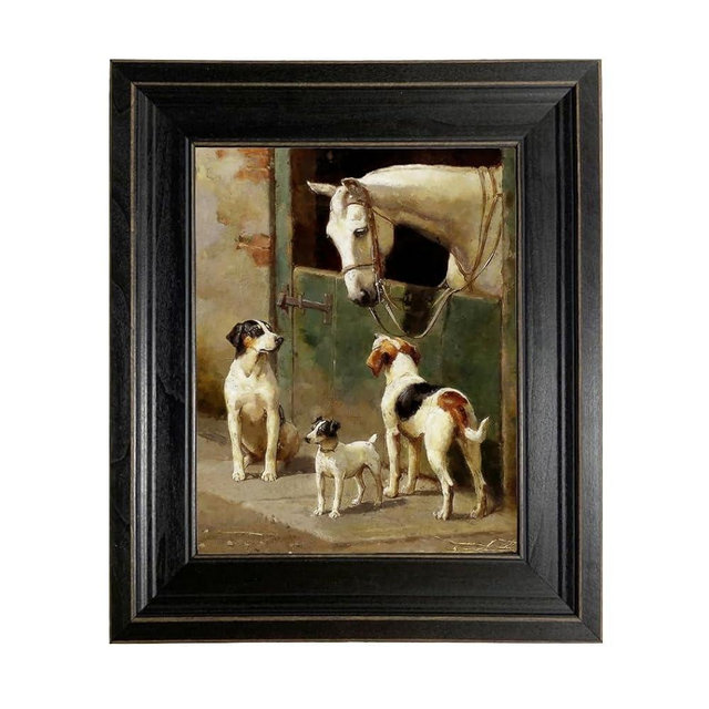 Schooner Bay Co.- Dog and Horse at Stable 8" x 10” Oil Painting Print on Canvas Rustic Distressed Black Frame Home Wall Art Décor Horse Farmhouse Ready To Hang