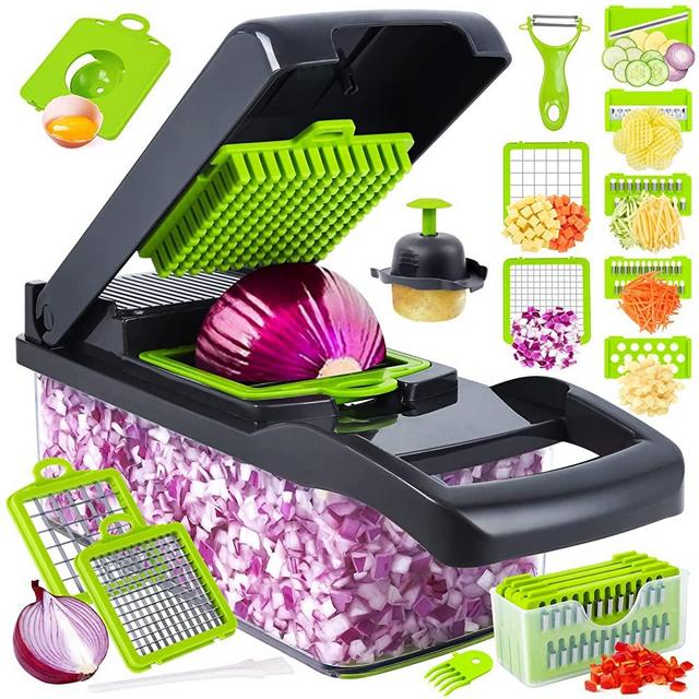 Vegetable Chopper, Pro Onion Chopper, 14 in 1Multifunctional Food Chopper, Kitchen Vegetable Slicer Dicer Cutter,Veggie Chopper With 8 Blades,Carrot and Garlic Chopper With Container (Grey)