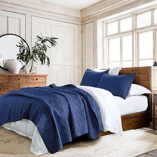 100% Cotton Quilt Set Queen Size, Navy Blue Pre-washed 3-Piece Bedspread Coverlet Set, Cozy Lightweight Stitching Decorative Bedding Cover with 2 Shams in Geometric Pattern Rustic Style for All Season