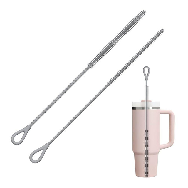 YOTIME Silicone Straw Cleaner Brush, 2Pcs Reusable Straw Brush Extra Long for Cleaning Tumbler with Handle and Glass Metal Smoothie Straws, Non-slip Handle Soft and Bendable, 6mm+9mm, Gray