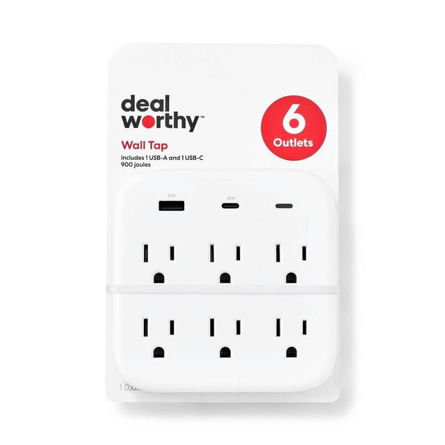 6-Outlet Surge Protector Wall Tap 900J with USB C and USB A - dealworthy™ White