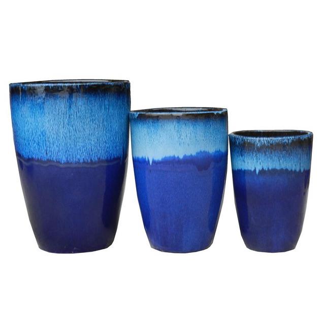 3-Pack 17-in x 24-in Blue Ceramic Round Planters