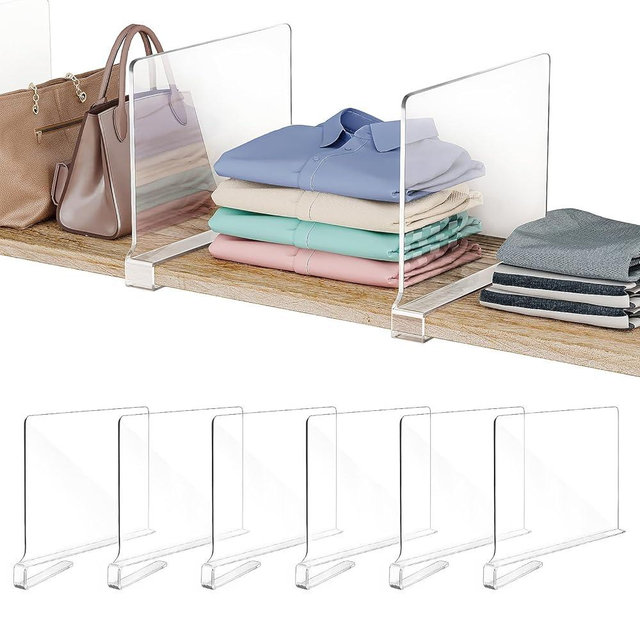 Fixwal 6 PCS Acrylic Shelf Dividers for Closet Organization Clear Shelf Divider for Closet Organizers and Storage Shelf Organizer for Closet, Bedroom, Kitchen, Office, Cabinets, Bathroom