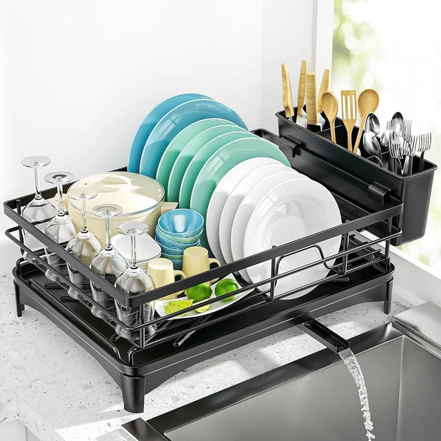 PXYHMUS Black Stainless Steel Dish Drying Rack for Kitchen Counter, Space-Saving Dish Drainer with Drainboard, Utensil Holder & Collapsible Design