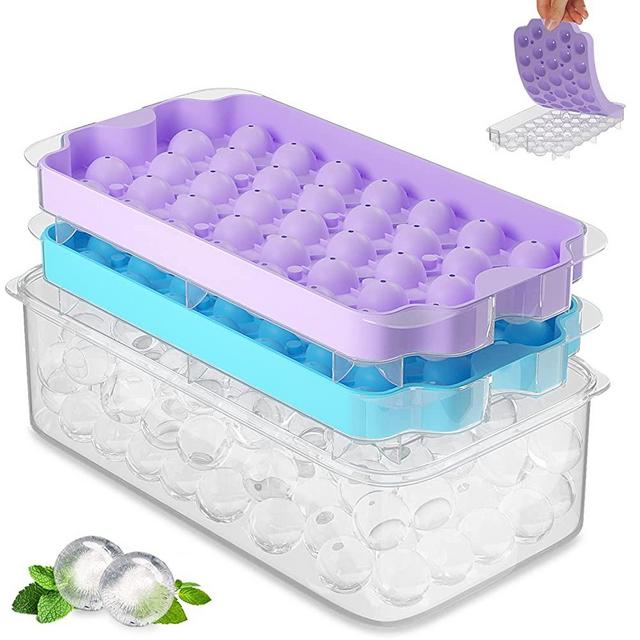 Upgrade Round Ice Cube Tray with Lid & Bin, TINANA Silicone Ice Ball Maker for Freezer, Easy Release Circle Ice Cube Tray with Container Make 74 Mini Ice Balls for Chilling Whiskey, Cocktail, Coffee