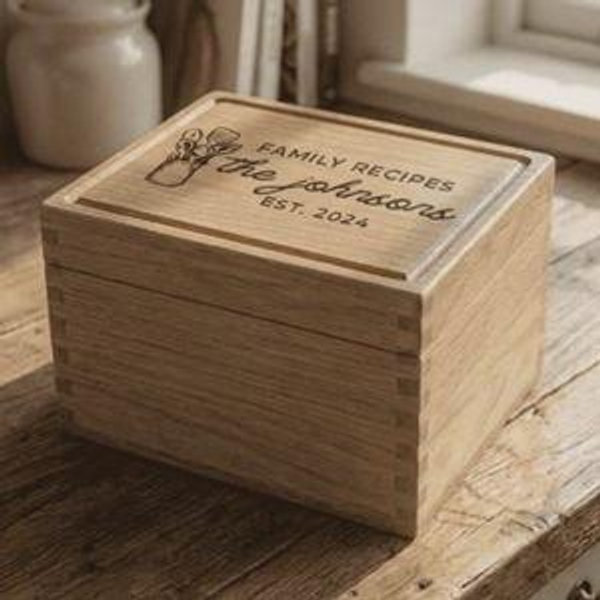 Wood Heirloom Recipe Personalized Boxes for 4x6 or 3x5 Cards, Bridal Shower Recipe Box, Kitchen Recipe Storage Box, Wedding Gift - Design 8