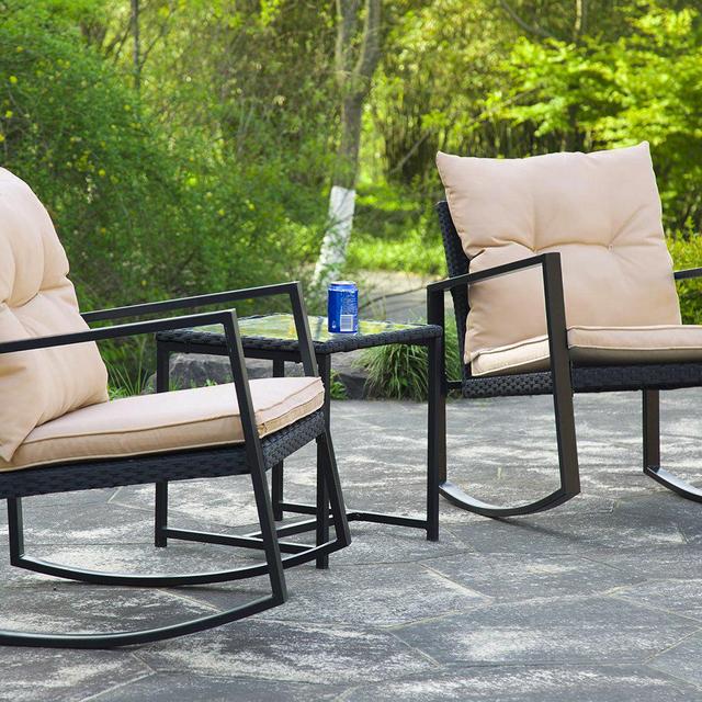 3 Pieces Patio Set Outdoor Wicker Patio Furniture Sets Rocking Chair Bistro Set Rattan Chair Conversation Sets Garden Porch Furniture Sets with Coffee Table,Black