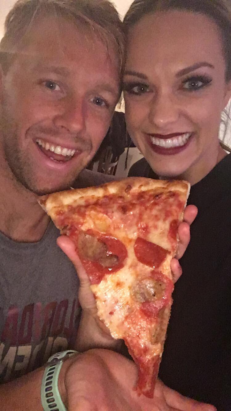 Celebrating Kierstin's first castle show with pizza!