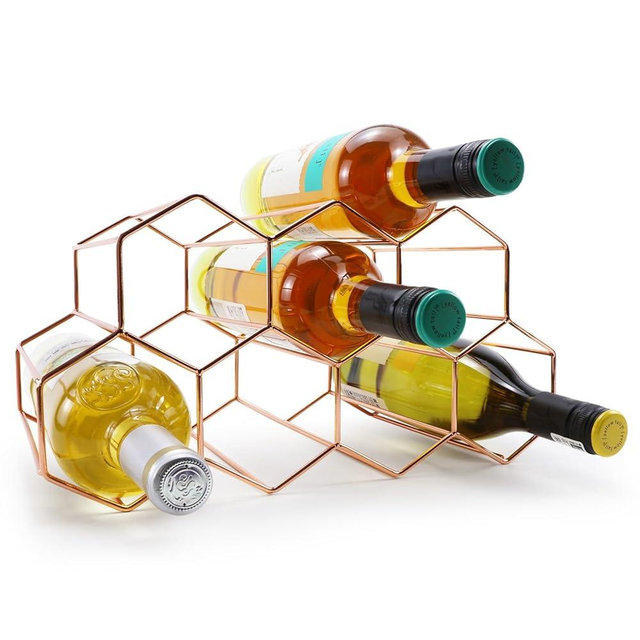 Luoieo 9 Bottle Rose Gold Wine Rack Countertop,Geometric Stainless Steel Wine Bottle Holder,Compact Small Wine Rack for Cabinet,Pantry,Bar,Table,No Assembly Required