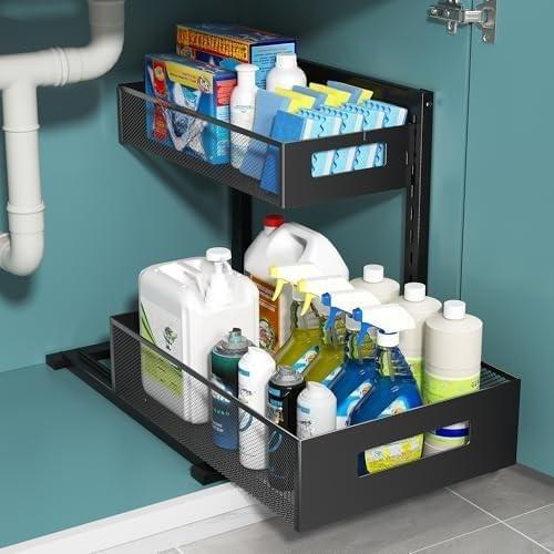 smallsy 2-Tier Metal Under Sink Organizer, Pull Out Smoothly Under Kitchen Sink Organizer with Track, Large Capacity Heavy Load Under Sink Storage for Kitchen and Bathroom