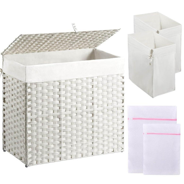 Greenstell Laundry Hamper with Lid, 125L Laundry Basket with 2 Removable Liner Bags & 2 Mesh Bags, Handwoven Synthetic Rattan Clothes Hamper for Clothes, Toys in Bathroom, Bedroom, Foldable, White
