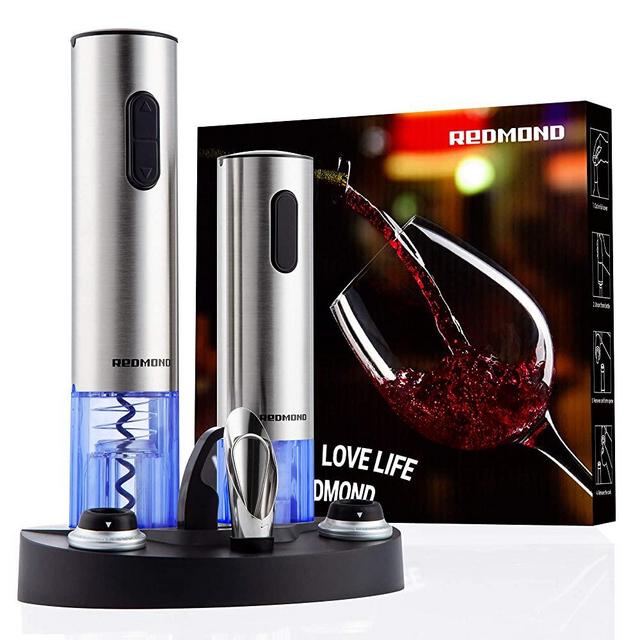 Electric Wine Opener, REDMOND 7-in-1 Rechargeable Cordless Corkscrew Bottle Opener Set Stainless Steel w/ Electric Vacuum Preserver, Wine Pourer, 2 Bottle Stoppers, Foil Cutter