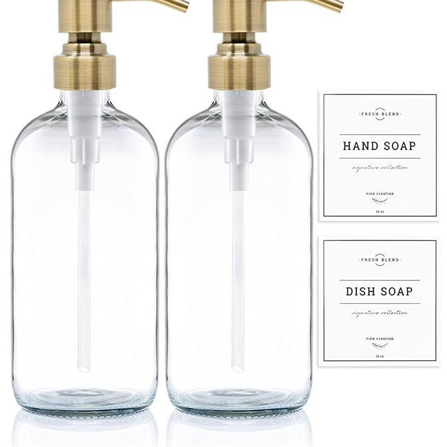 Vine Creations Clear Glass Soap Dispenser 2 Pack, Thick 16oz Bottles Rustproof Stainless Steel Pump, Modern Farmhouse Vintage Jar, Bathroom Kitchen Accessories, with Waterproof Labels (Brushed Gold)