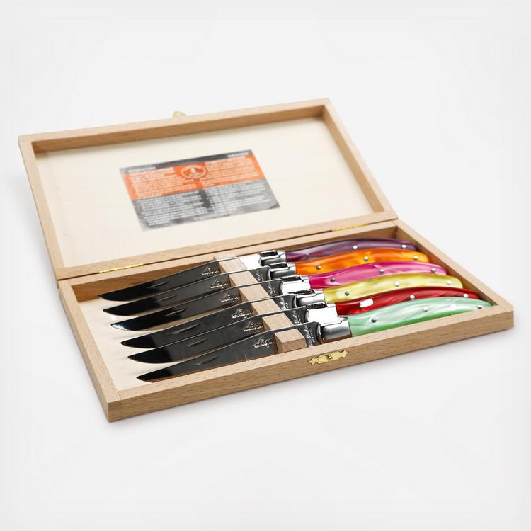 Jean Dubost 6 Steak Knives with Multi-Color Handles in a Clasp Box