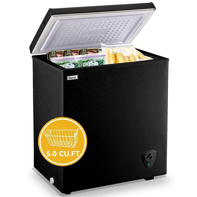 Chest Freezer Small Black Deep Freezers 5.0 Cu.Ft WANAI Mini Compact Freezer Freestanding Top Door Open Freezer Adjustable 7 Thermostat Removable Basket Garage Dorm Apartment Kitchen Business