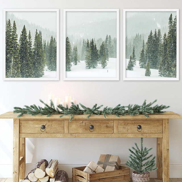 JarThenaAMCS 13 x 17 Inch Winter Trees Wall Art Prints Snow Covered Mountain Forest Art Poster Xmas Winter Nature Room Decor for Gallery Living Room Bedroom Wall, Set of 3 (No Frame)