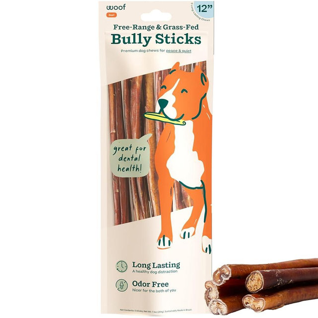 WOOF Bully Sticks Dog Treats - Chew Sticks for Dogs - Long-Lasting Dog Chew Treats - Dog Products Made with Free-Range, Grass-Fed Beef - 12" Sticks - 5pk