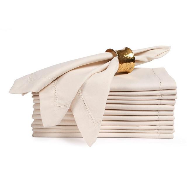Palisa Cloth Dinner Napkins with Hemstitched Detailing & Mitered Corners 20x20 Inches - Washable Polyester Table Napkins for Weddings & Everyday Use - Set of 12, Almond Beige