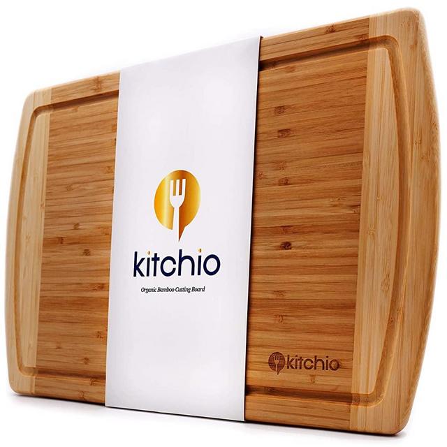 Kitchio Extra Large Bamboo Cutting Board-Lifetime Replacement-Organic Antibacterial Wooden Food Tray with Juice Groove for Serving Carving Chopping Vegetables Bread Meat Cheese - Kitchen Butcher Block