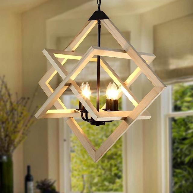 CREATE BRIGHT Wooden Farmhouse Chandelier Ceiling Pendant Light 4 Candle Holder Lights Vintage Industrial Rustic Hanging Square Ceiling Lamp Light Fixture for Bedroom Kitchen Island Living Room Foyer