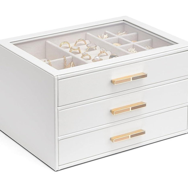 Vlando Jewelry Box for Women, Glass Lid Jewelry Organizer with 3 Drawers for Necklaces Rings Earrings Bracelets Christmas Gift - White
