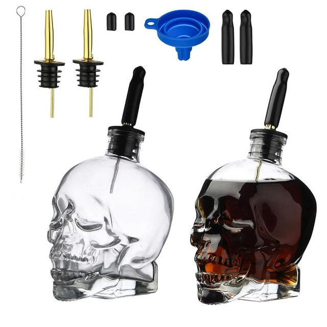 muguroom Skull Oil Dispensers Set ，2PC Glass Olive Oil Dispenser and Vinegar Dispenser 14OZ with 2 Stainless Steel Pourers, 1 Brush and 1 Funnel Oil Bottles for Goth Kitchenware