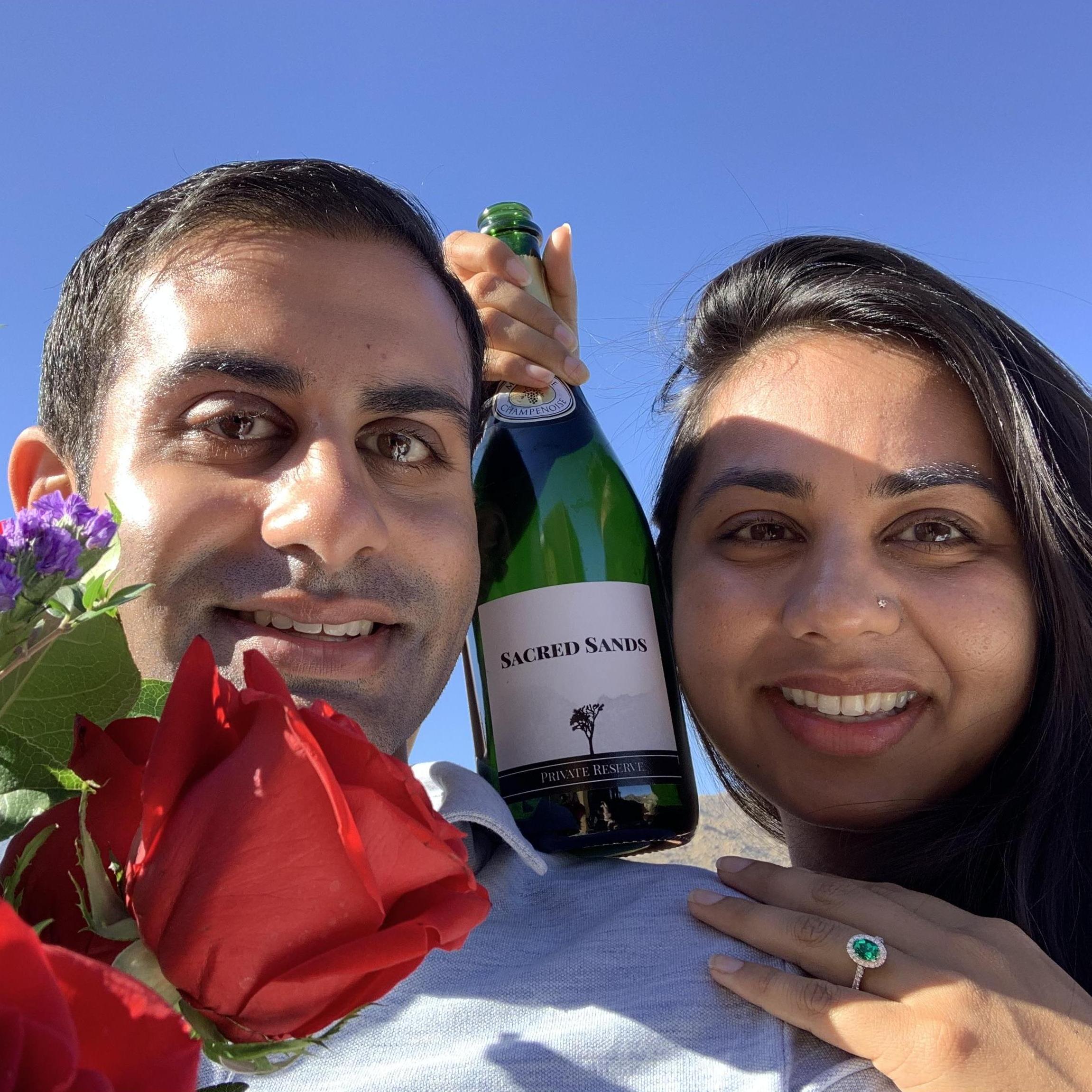 The morning after our engagement at Sacred Sands! Teja is showing off her new bling.