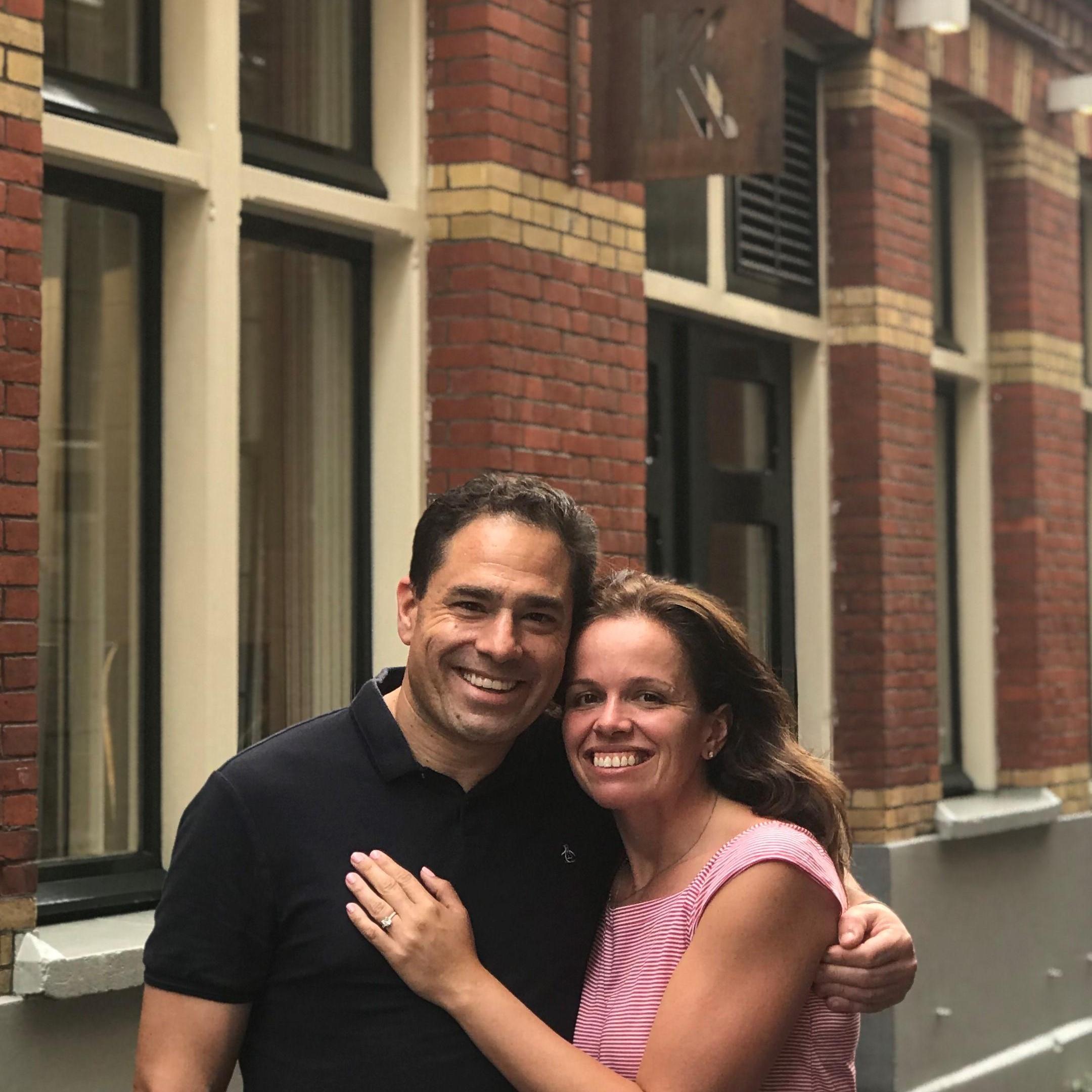 In front of the restaurant in Amsterdam where Jason Proposed