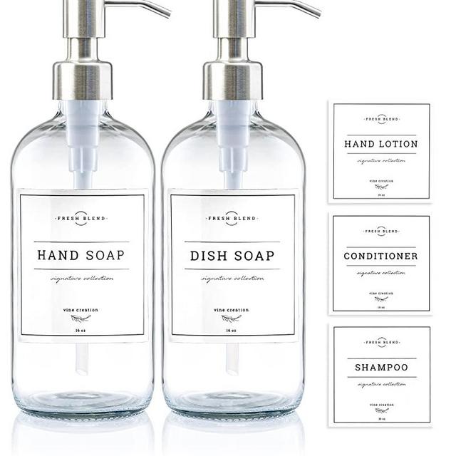 Vine Creations Clear Glass Soap Dispenser 2 Pack, Thick 16oz Bottles Rustproof Stainless Steel Pump, Modern Farmhouse Vintage Jar, Bathroom Kitchen Accessories, with Waterproof Labels (Silver)