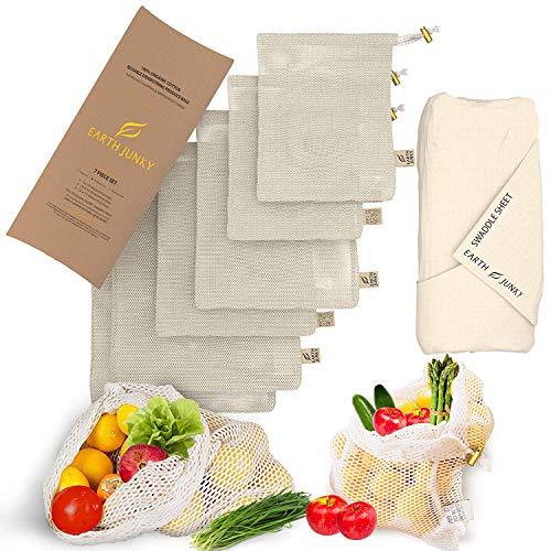 Organic Reusable Mesh Produce Bags - Washable Mesh Vegetable Bags for Fruit and Veg - 6 Food Grocery Bags and 1 Bonus Greens Swaddle Sheet - Eco Friendly Drawstring Bag Set - S, M, L