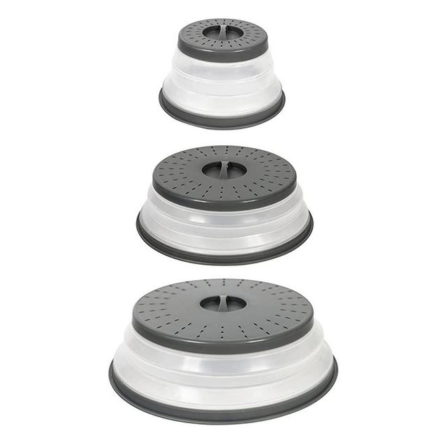 Tovolo Set of Three Collapsible Microwave, Lid for Reheating Food, Meal Prep Gadget, No Mess Folding Plate Cover Kitchen Tool, Set of 3, Charcoal