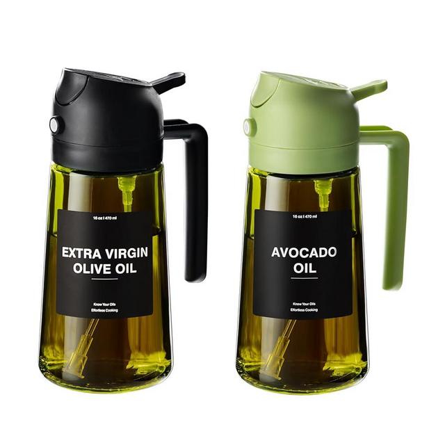 CXINYI - 16oz/470ml Olive Oil Dispenser for Kitchen with Stickers - 2 in 1 Olive Oil Sprayer for Cooking, Air Fryer, and Salad, Black&Green (Light-Proof Kitchen Gadget)