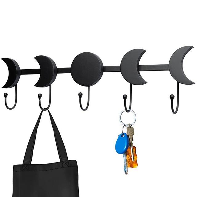 IRISVITA Moon Phase Wall Hanging Multi Hooks for Keys, Mug, Purse, Jewelry - Wooden Key Holder for Wall Decorative, Gothic Decor for Bedroom, Rustic Moon Decor, Gothic Home Decor, Witch Decor