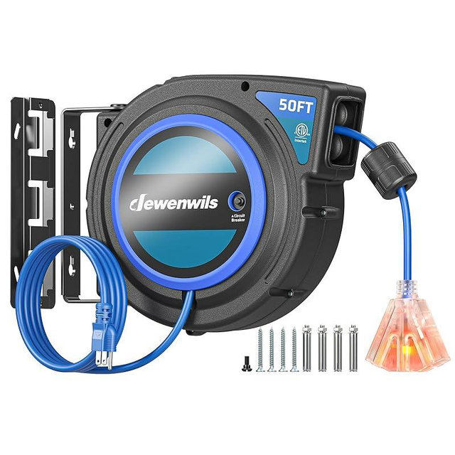 DEWENWILS Retractable Extension Cord Reel, 50 FT 14/3C SJTOW Heavy Duty Power Cord with Lighted Triple Tap Outlet, 180° Swivel Bracket for Ceiling/Wall Mount, 13A Circuit Breaker, ETL Listed, Blue