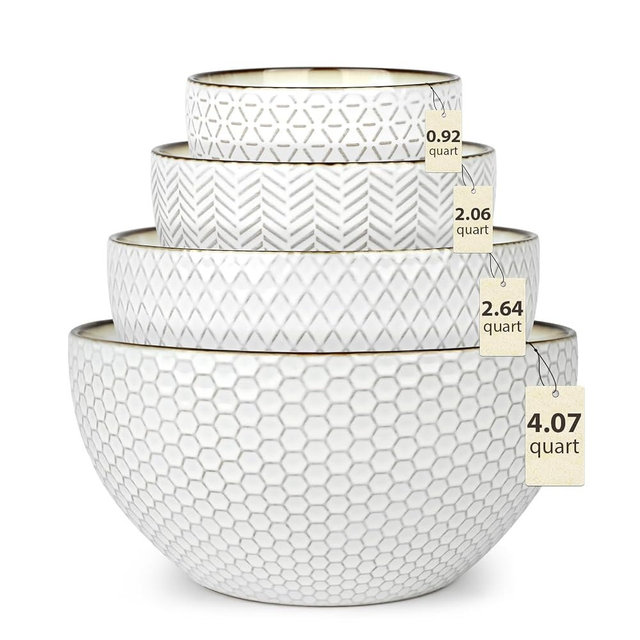 Ollieroo Ceramic Mixing Bowls, Set of 4 Embossed Nesting Bowls, Large Stoneware prepping bowls for Cooking, Baking, Salad, Sourdough, 0.92/2.06/2.64/4.07 QT, Microwave and Dishwasher Safe, White