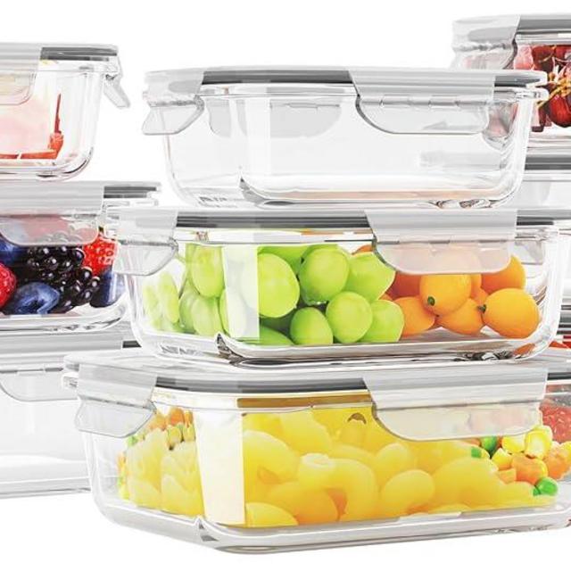 HOMBERKING Glass Food Storage Containers with Lids, [18 Piece] Glass Meal Prep Containers, Airtight Glass Lunch Bento Boxes, BPA-Free & Leak Proof (9 lids & 9 Containers) - Grey