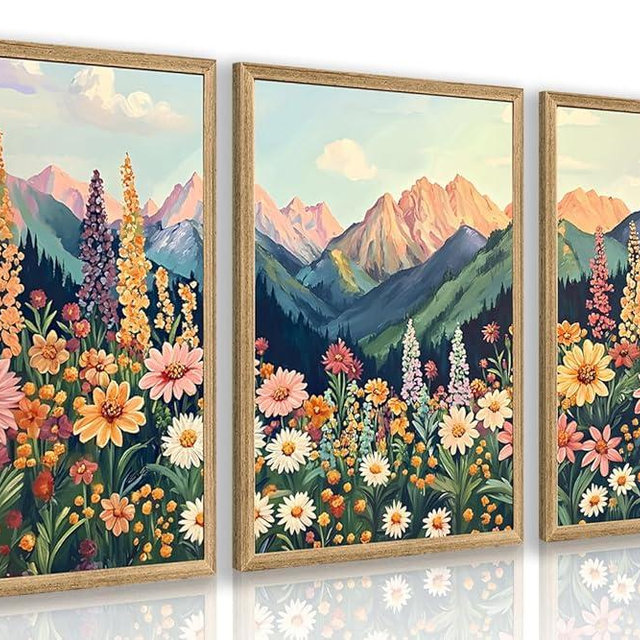 Hianan Mount Daisy Wildflower Landscape Wall Art, Colorful Floral Wall Decor, Boho Sunset Landscape Canvas Painting, Bright Botanical Poster Prints for Living Room Bedroom Wood Framed 12"x16"x3
