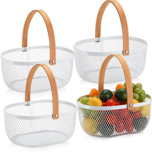 Maxcheck 4 Pcs Oval Metal Wire Storage Basket with Handle for Gathering Vegetables Multi Functional Mesh Basket for Kitchen Bathroom Picnic Home, 10.24 x 7.68 Inch(White)